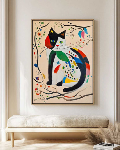 Whimsical Cat Oil Painting with Colorful Abstract Floral Accents
