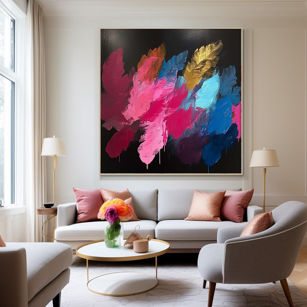 Vibrant Abstract Oil Painting with Colorful Floral Brushstrokes on Black Canvas