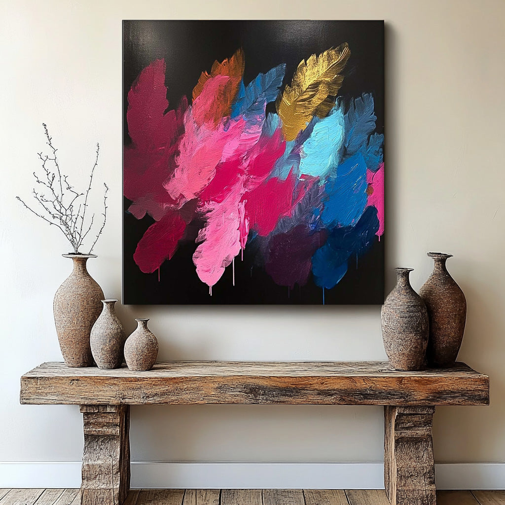 Vibrant Abstract Oil Painting with Colorful Floral Brushstrokes on Black Canvas