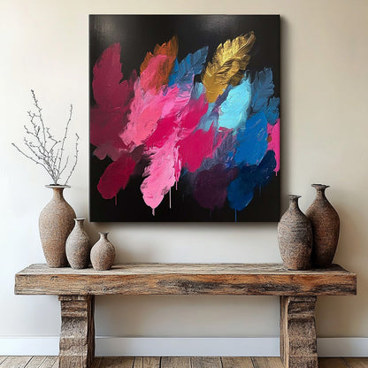 Vibrant Abstract Oil Painting with Colorful Floral Brushstrokes on Black Canvas
