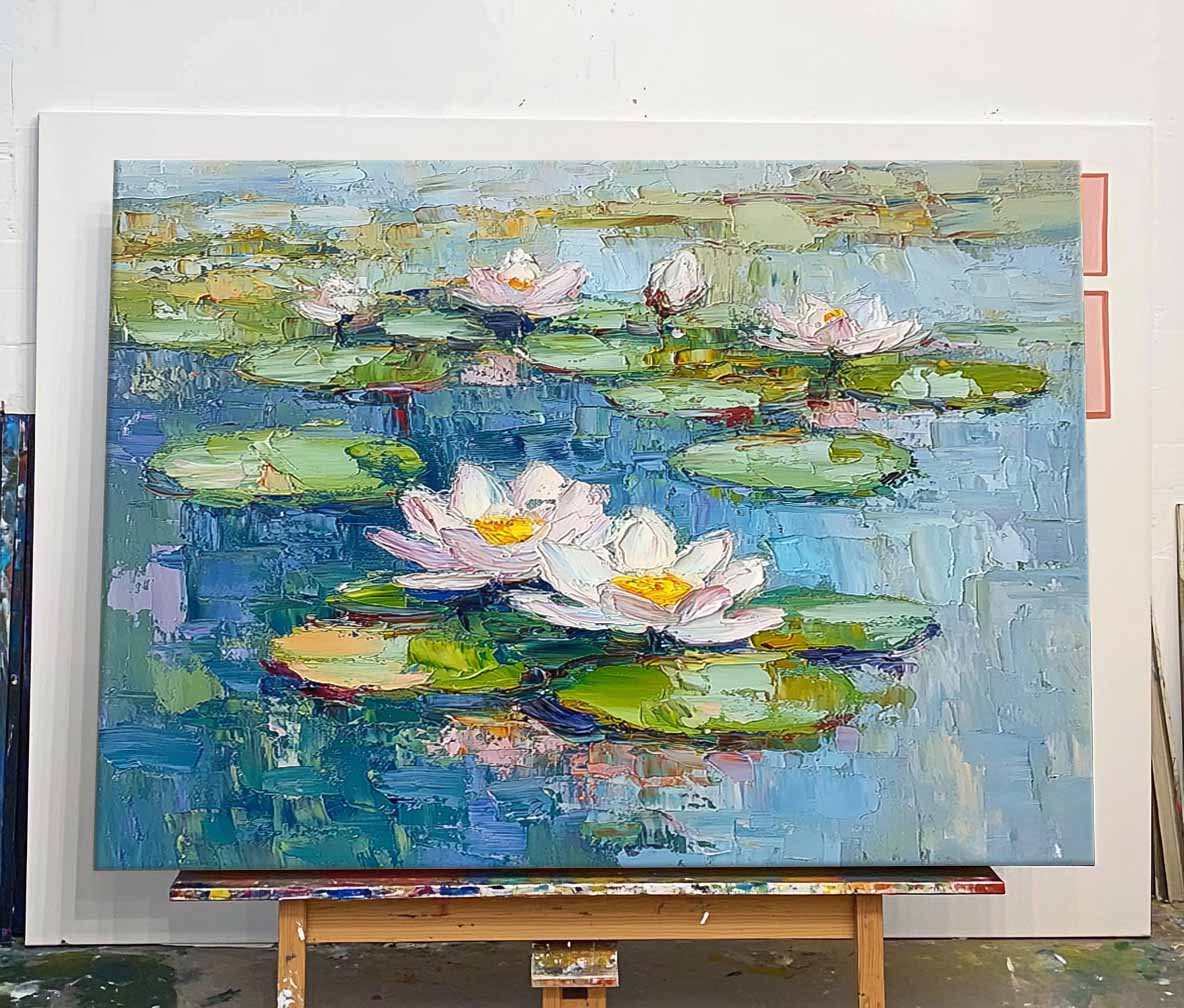 Vibrant Lotus Flowers on Tranquil Water – Handmade Oil Painting for Home Decor