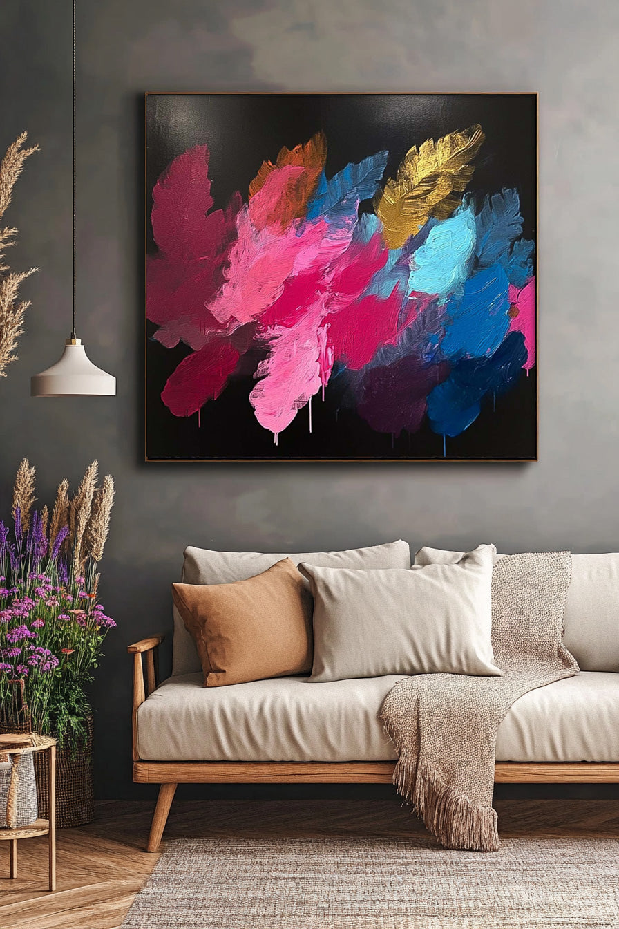 Vibrant Abstract Oil Painting with Colorful Floral Brushstrokes on Black Canvas