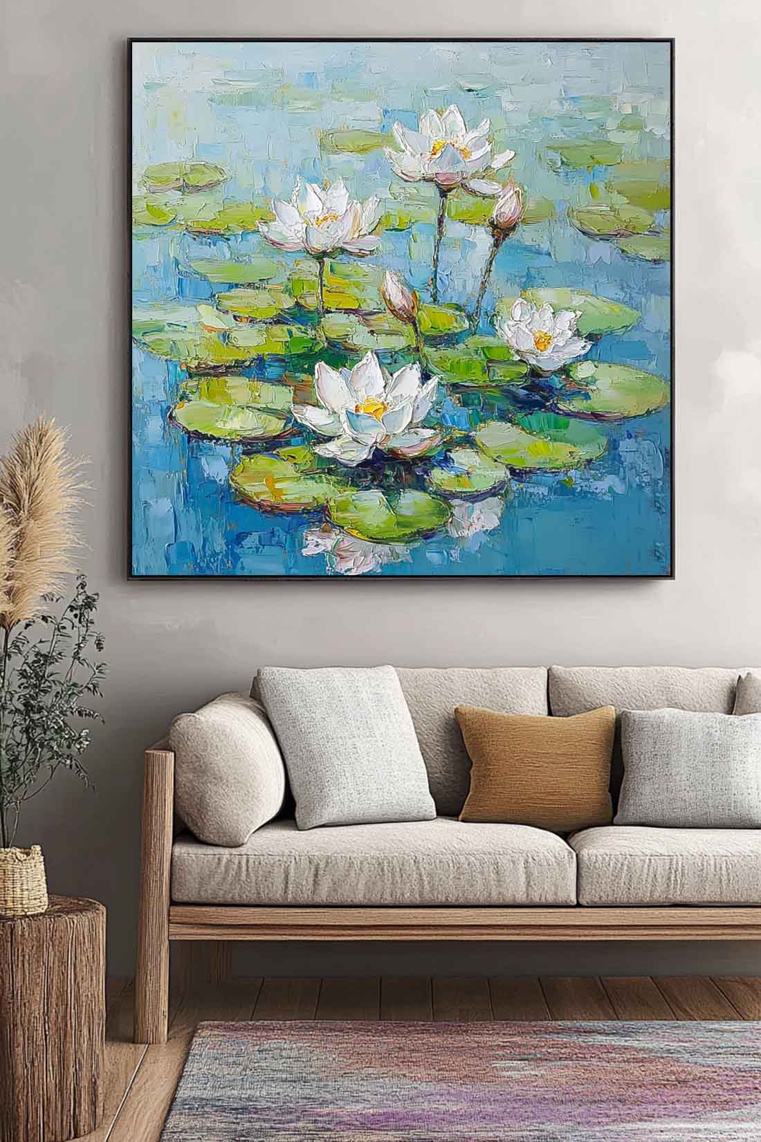 Serene Lotus Flowers Oil Painting on Canvas for Tranquil Home Decor