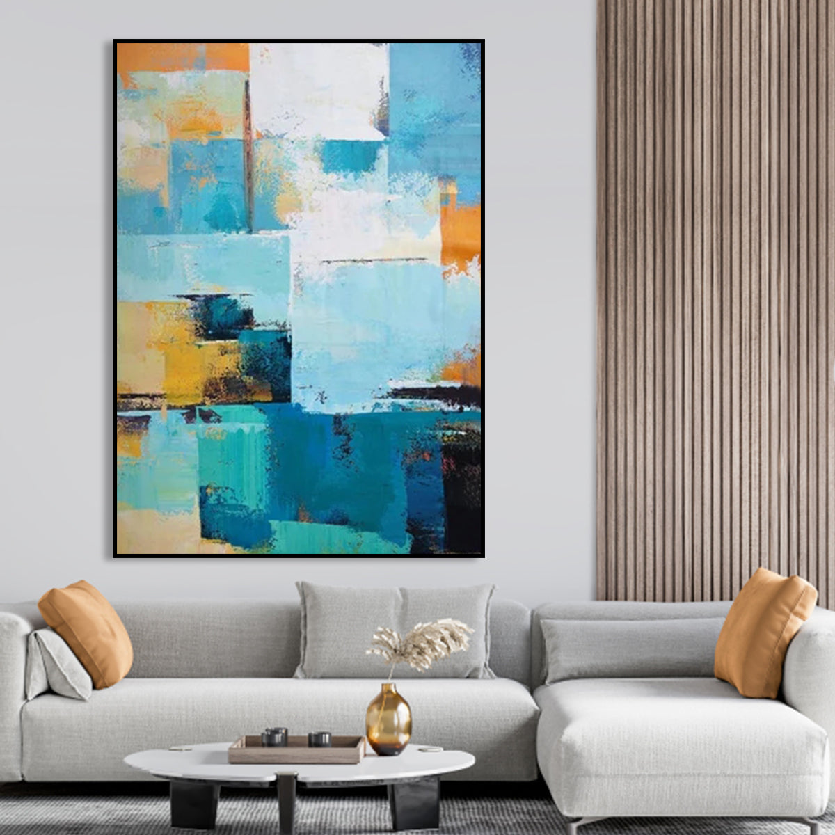 Vibrant Abstract Seascape Oil Painting in Turquoise and Orange Tones