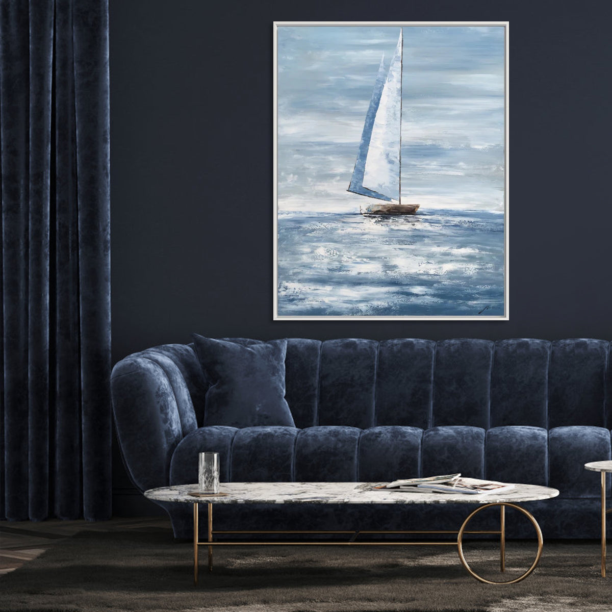 Tranquil Sailing Scene: Serene Oil Painting of a Boat on Calm Waters