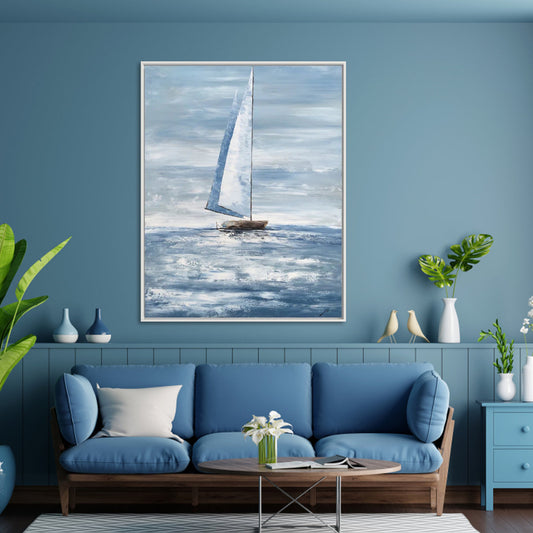 Tranquil Sailing Scene: Serene Oil Painting of a Boat on Calm Waters