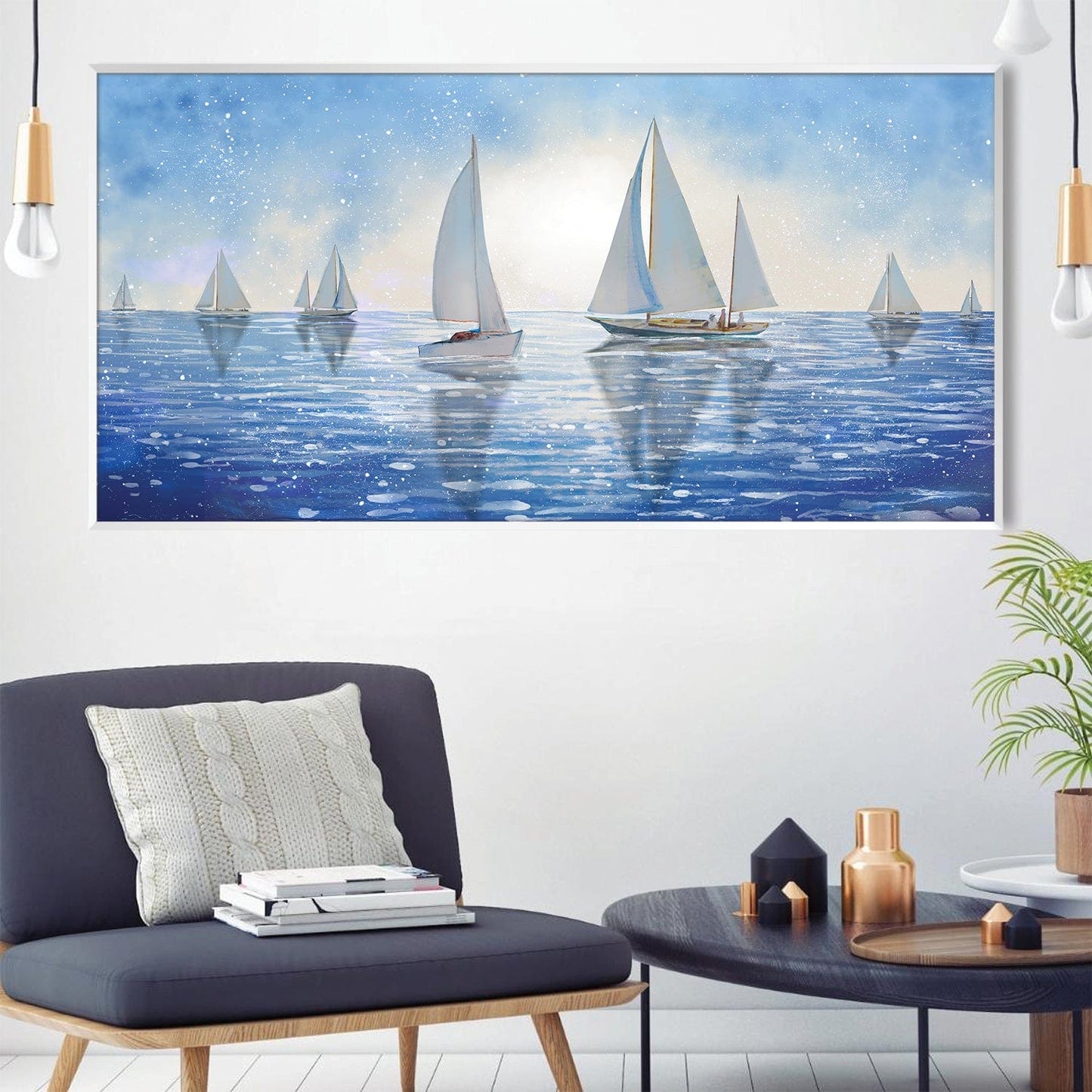 Tranquil Sailing Waters: Serene Oil Painting for Coastal Home Decor
