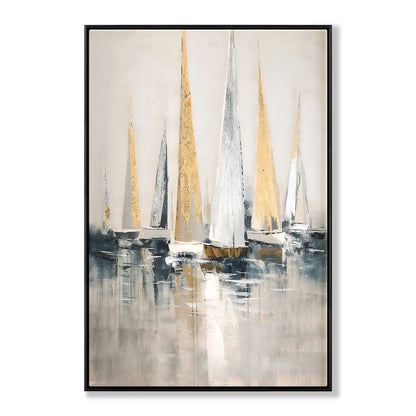 Elegant Seascape Oil Painting of Majestic Sailing Boats in Tranquil Waters