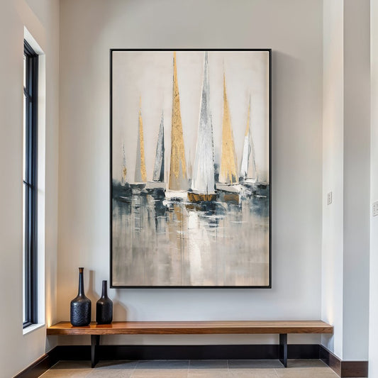 Elegant Seascape Oil Painting of Majestic Sailing Boats in Tranquil Waters
