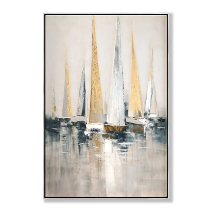 Elegant Seascape Oil Painting of Majestic Sailing Boats in Tranquil Waters