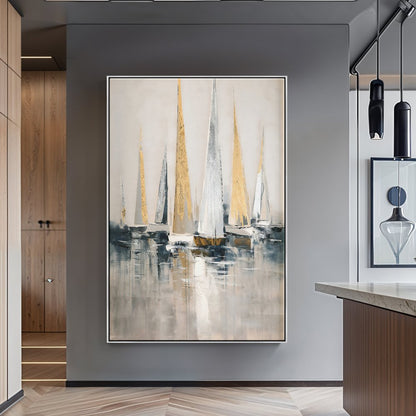 Elegant Seascape Oil Painting of Majestic Sailing Boats in Tranquil Waters