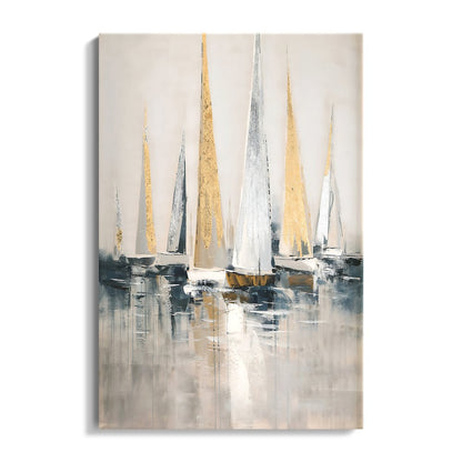 Elegant Seascape Oil Painting of Majestic Sailing Boats in Tranquil Waters