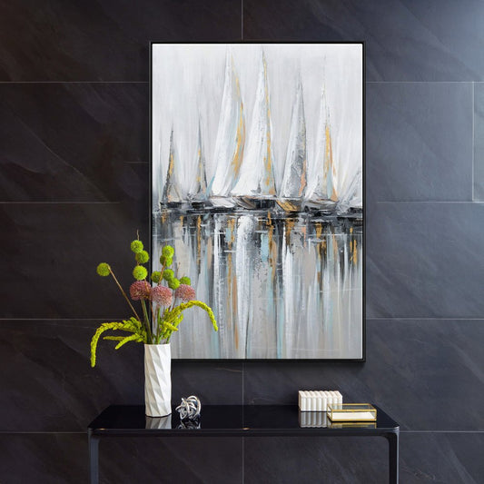 Serene Sailing Reflections: Elegant Gray Oil Painting for Modern Decor