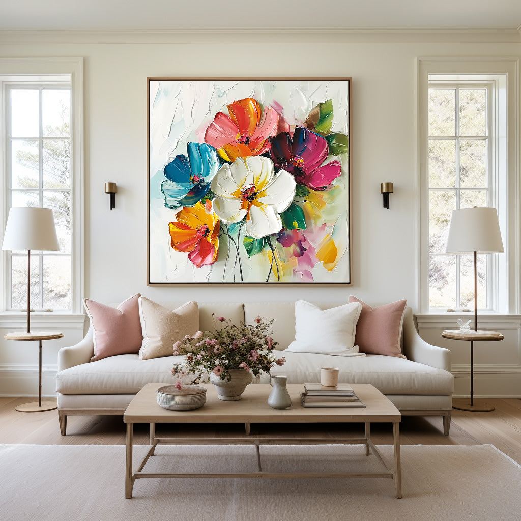 Vibrant Floral Abstract Oil Painting with Bold Colors and Dynamic Texture