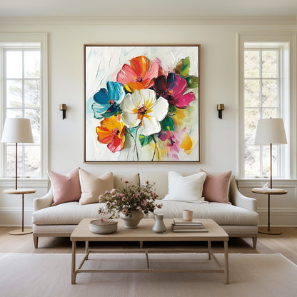 Vibrant Floral Abstract Oil Painting with Bold Colors and Dynamic Texture