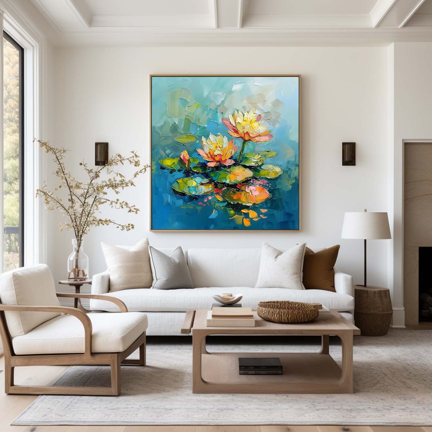 Vibrant Lotus Flowers Oil Painting on Blue Water – Modern Abstract Art Piece