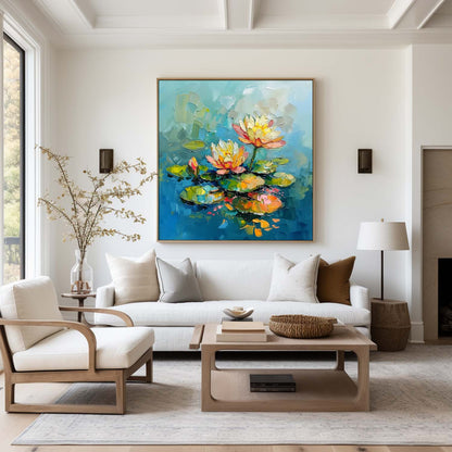 Vibrant Lotus Flowers Oil Painting on Blue Water – Modern Abstract Art Piece