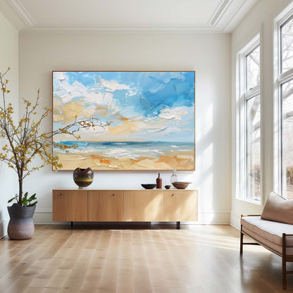 Vibrant Coastal Beach Scene Oil Painting with Lush Skies and Serene Waters