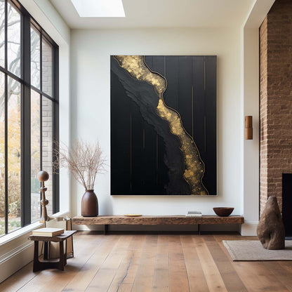 Elegant Black and Gold Minimalist Abstract Oil Painting for Modern Home Decor