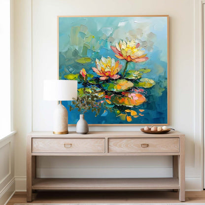 Vibrant Lotus Flowers Oil Painting on Blue Water – Modern Abstract Art Piece