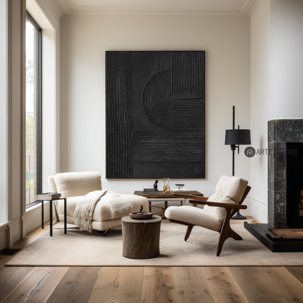 Sleek Black Minimalist Abstract Oil Painting for Modern Home Décor