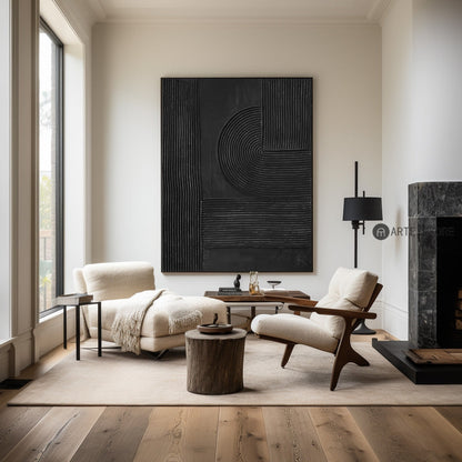 Sleek Black Minimalist Abstract Oil Painting for Modern Home Décor