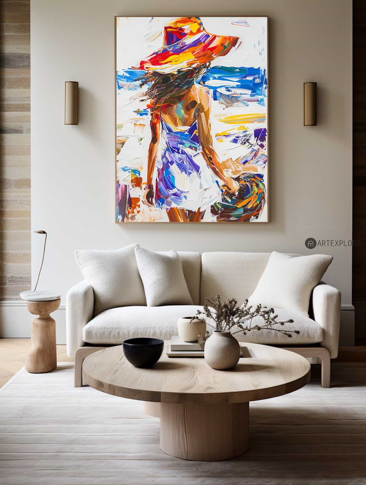 Vibrant Beach Escape: Modern Abstract Oil Painting of a Woman in a Sun Hat