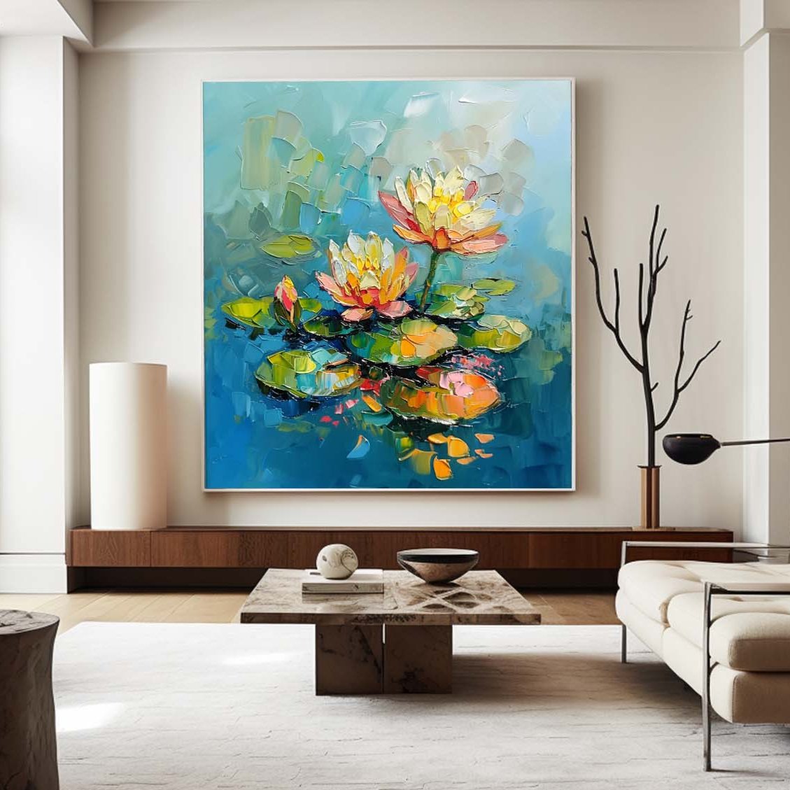 Vibrant Lotus Flowers Oil Painting on Blue Water – Modern Abstract Art Piece