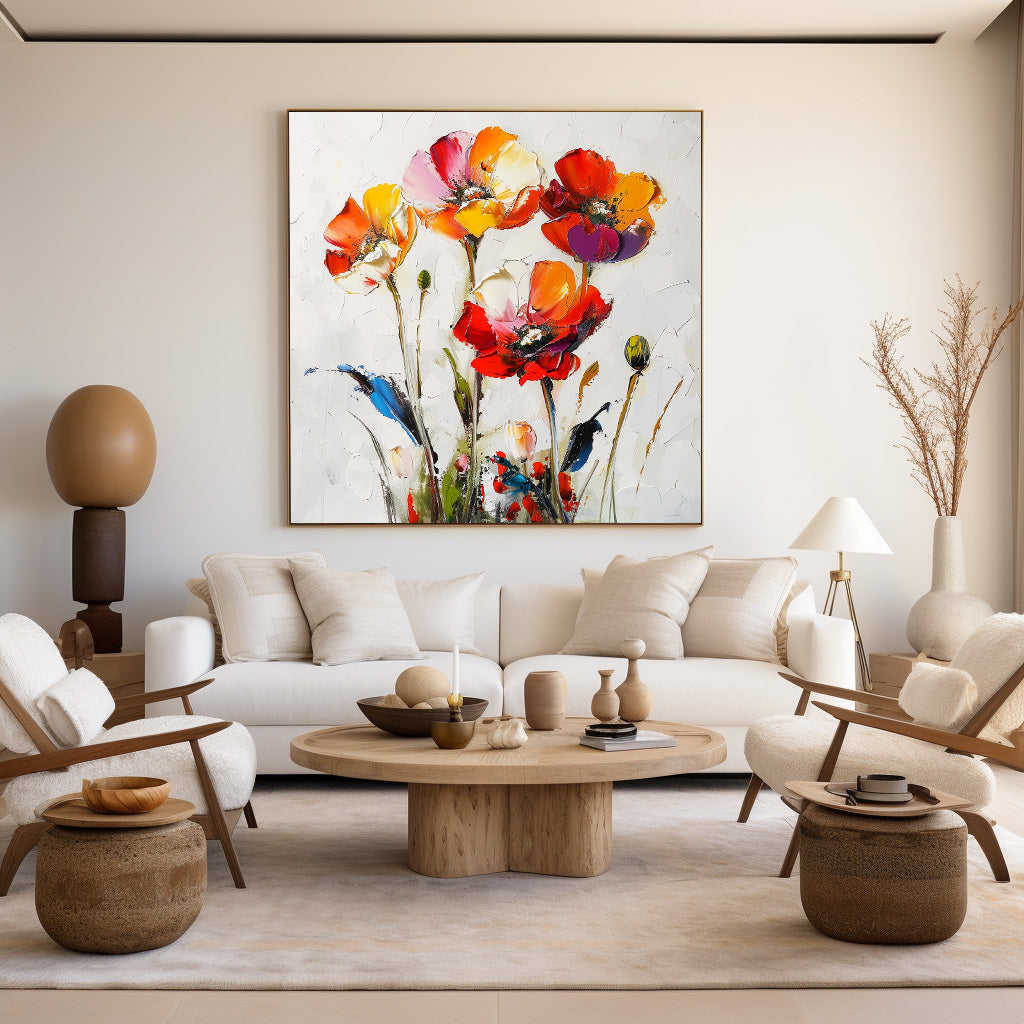 Vibrant Abstract Floral Oil Painting with Colorful Poppies for Modern Home Décor