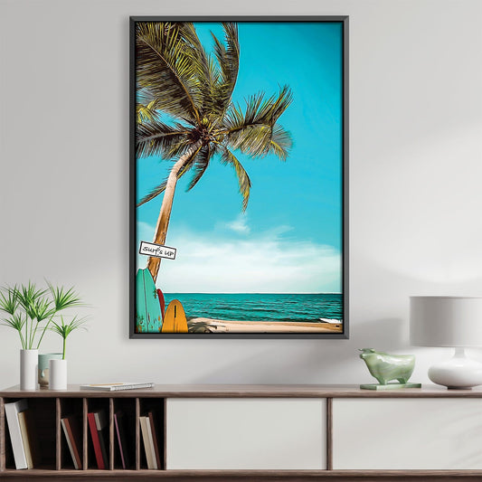 Tropical Beach Surfing Scene - Vibrant Palm Tree Oil Painting for Coastal Decor