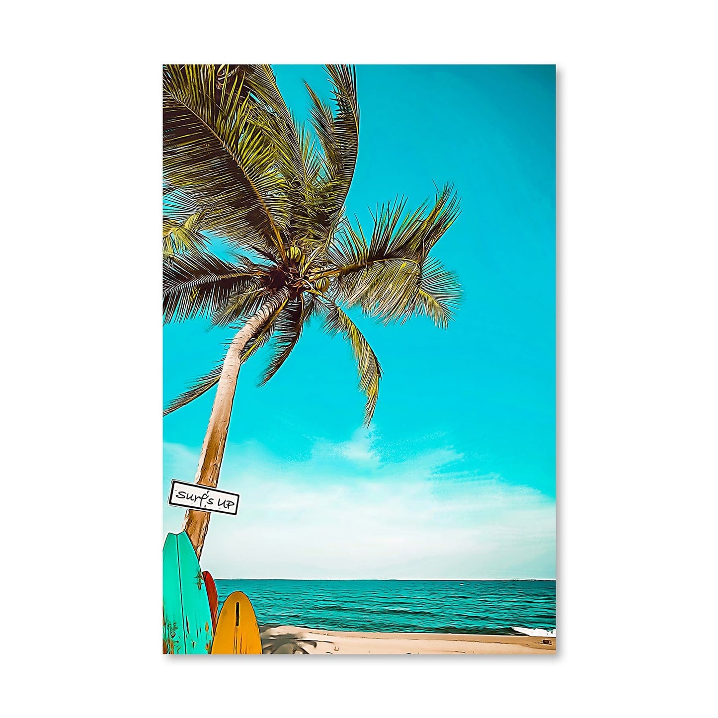 Tropical Beach Surfing Scene - Vibrant Palm Tree Oil Painting for Coastal Decor