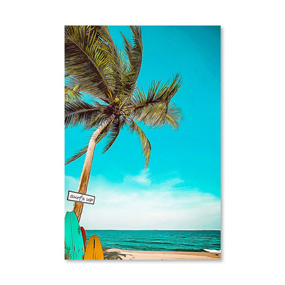 Tropical Beach Surfing Scene - Vibrant Palm Tree Oil Painting for Coastal Decor