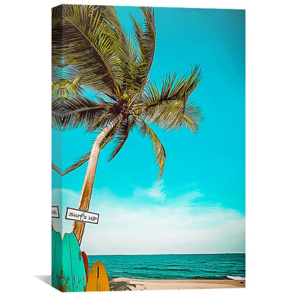 Tropical Beach Surfing Scene - Vibrant Palm Tree Oil Painting for Coastal Decor