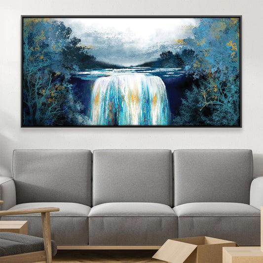 Serene Sapphire Waterfall Oil Painting for Home Decor