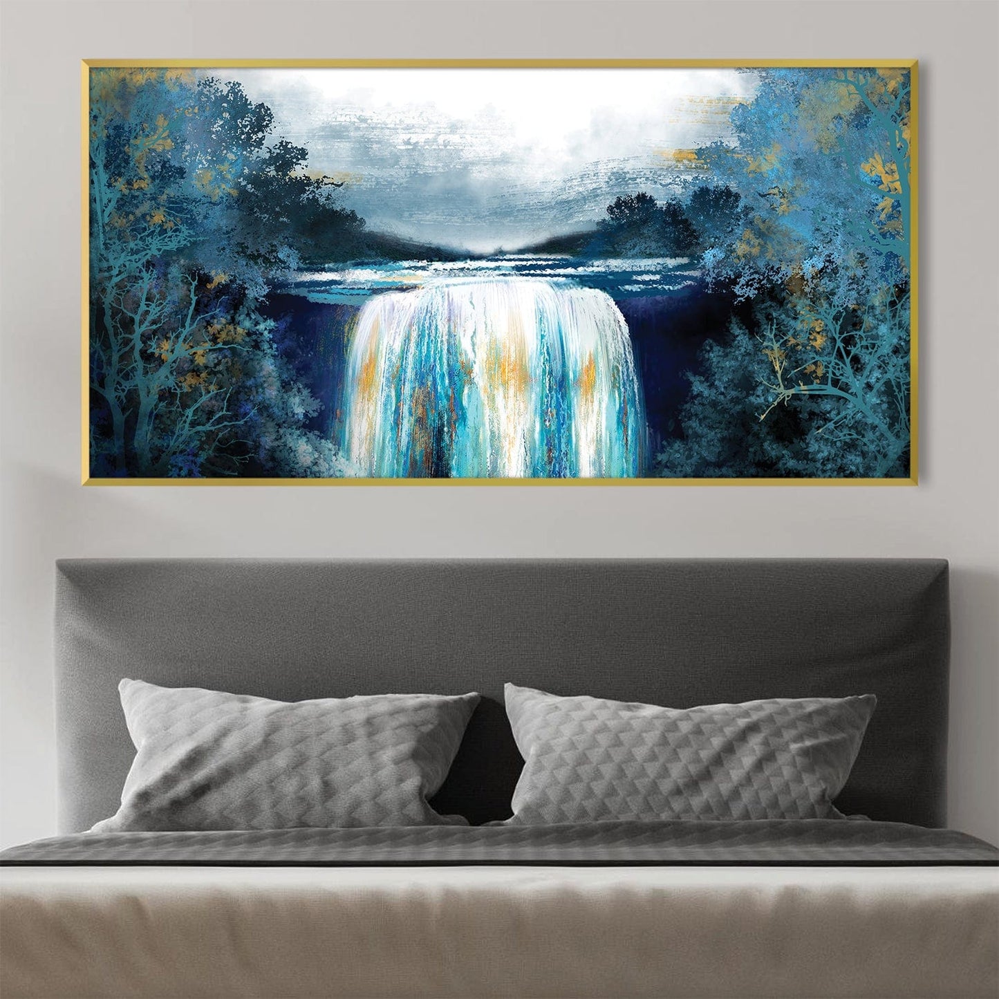Serene Sapphire Waterfall Oil Painting for Home Decor