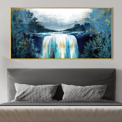 Serene Sapphire Waterfall Oil Painting for Home Decor