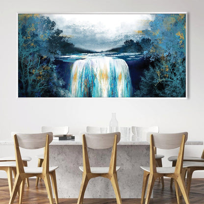 Serene Sapphire Waterfall Oil Painting for Home Decor
