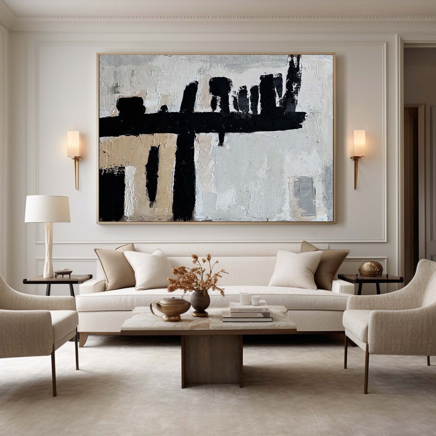 Abstract Wabi-Sabi Oil Painting in Black, White, and Beige for Modern Decor