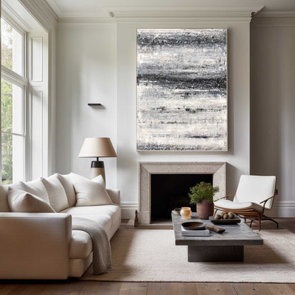Monochrome Coastal Serenity: Abstract Black and White Beach Oil Painting