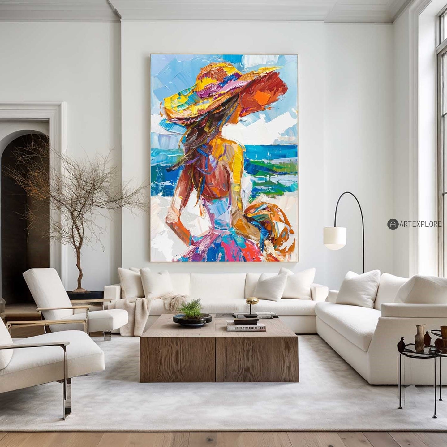 Vibrant Coastal Woman in Hat | Colorful Abstract Oil Painting for Modern Decor