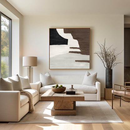 Contemporary Brown and White Geometric Abstract Oil Painting for Modern Decor