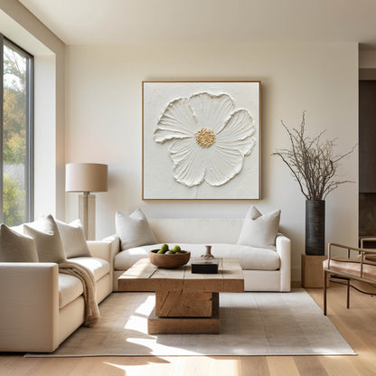 Elegant White Flower Oil Painting with Textured Petals and Gold Accents