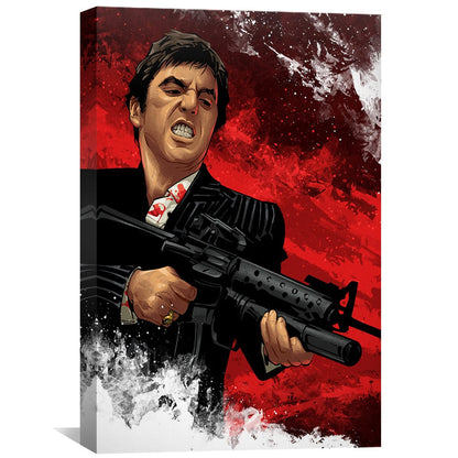 Vibrant Tony Montana Oil Painting with Gun and Bold Red Background