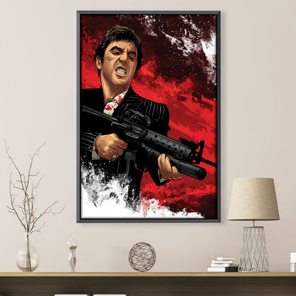 Vibrant Tony Montana Oil Painting with Gun and Bold Red Background