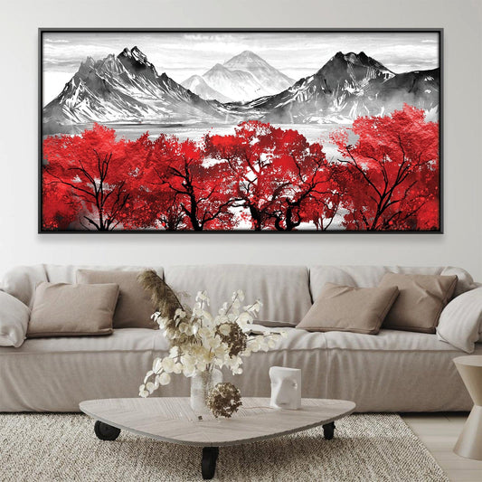 Vibrant Red Trees Against Majestic Mountains Oil Painting