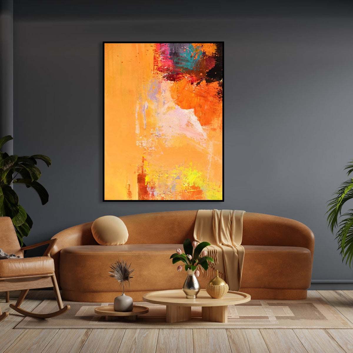 Vibrant Abstract Oil Painting in Warm Orange Tones for Modern Home Decor