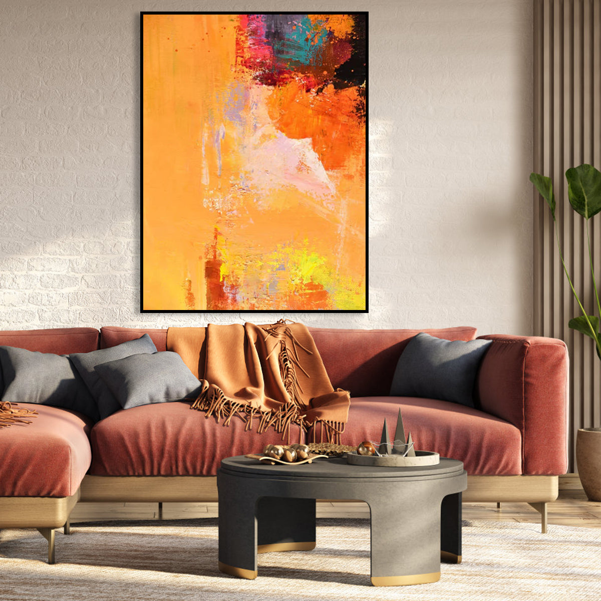 Vibrant Abstract Oil Painting in Warm Orange Tones for Modern Home Decor