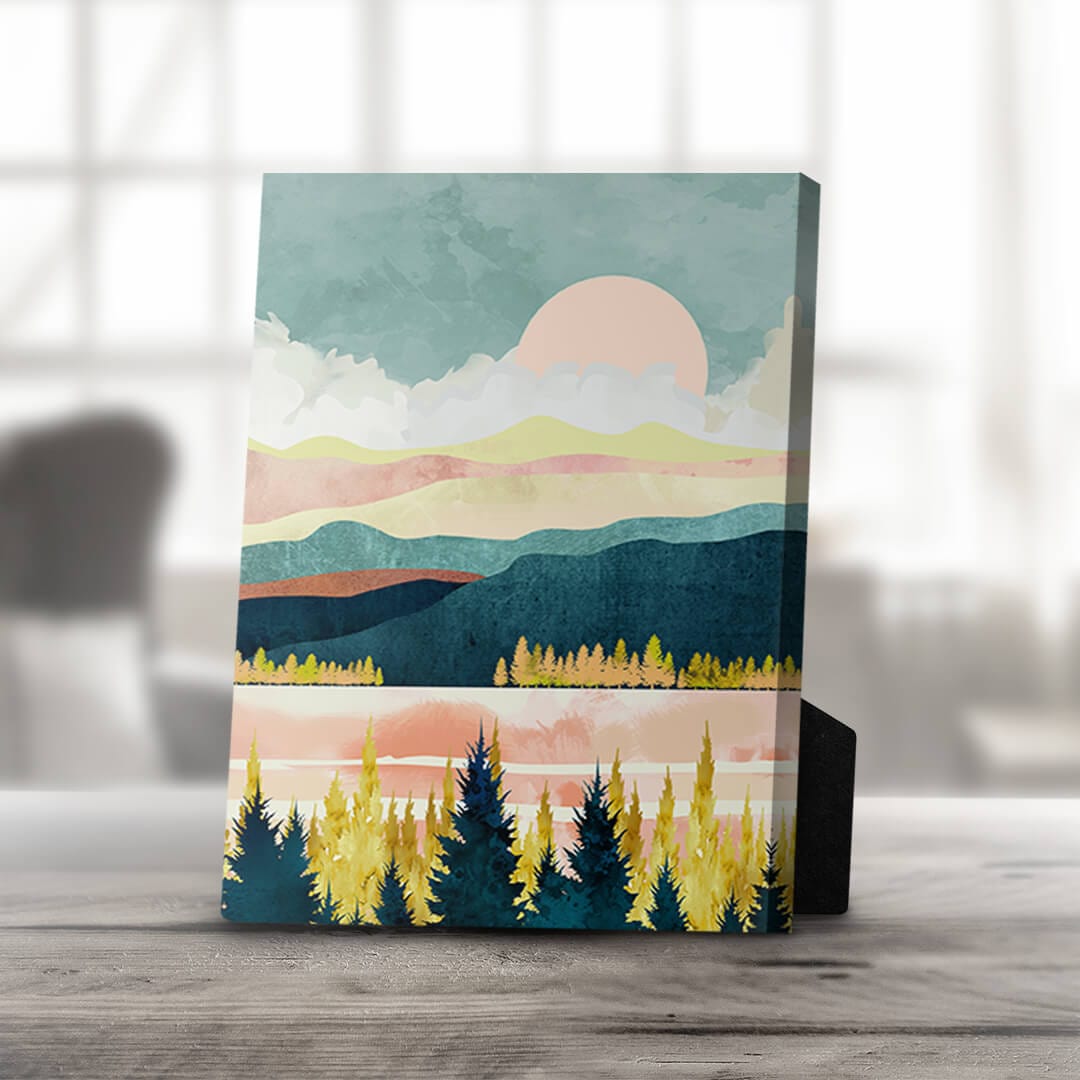 Serene Sunset Landscape Oil Painting with Vibrant Forest and Mountains