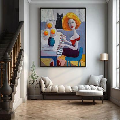 Vibrant Pop Art Woman Playing Piano with Cat and Flowers in Bold Colors