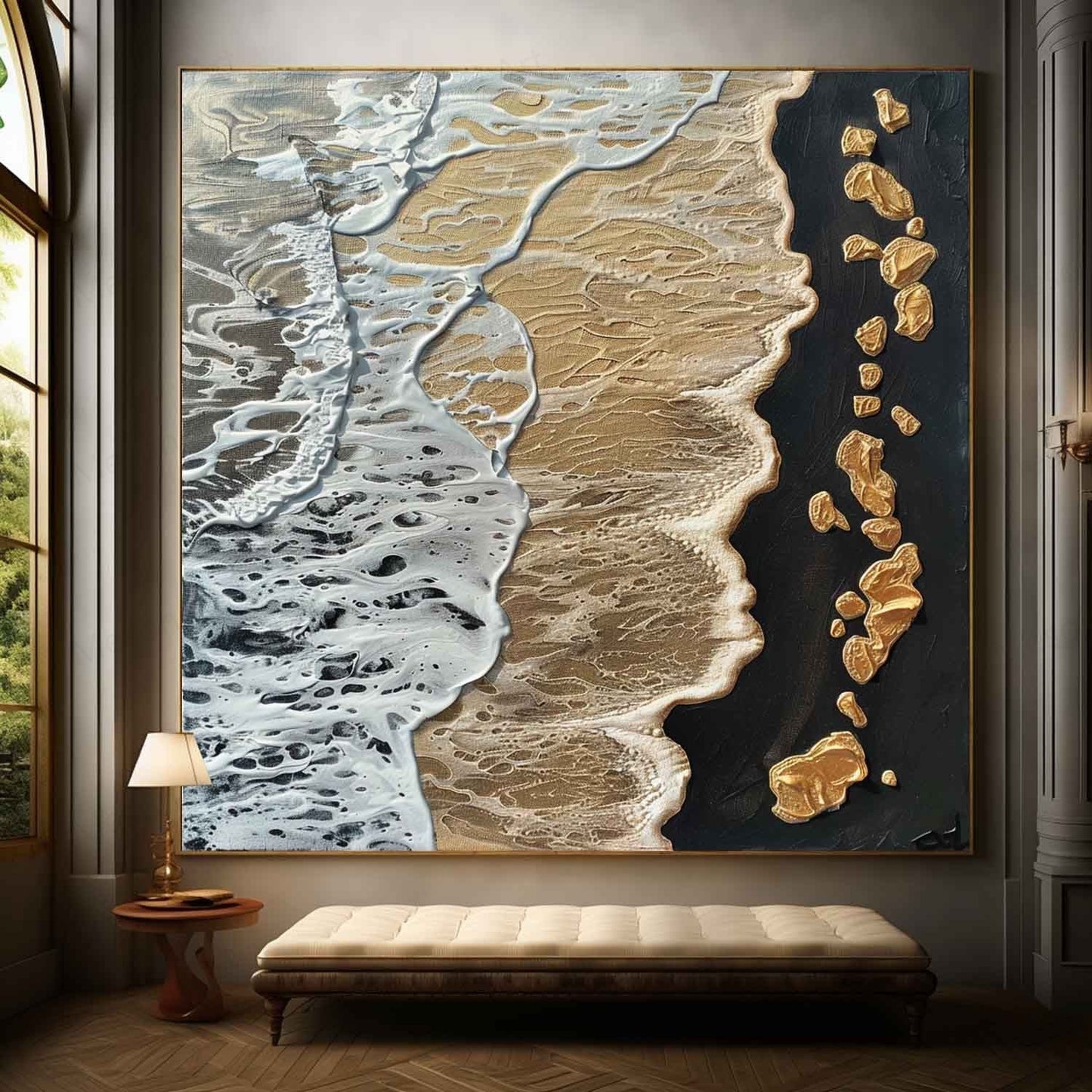 Textured Coastal Waves Oil Painting with Golden Accents for Modern Decor